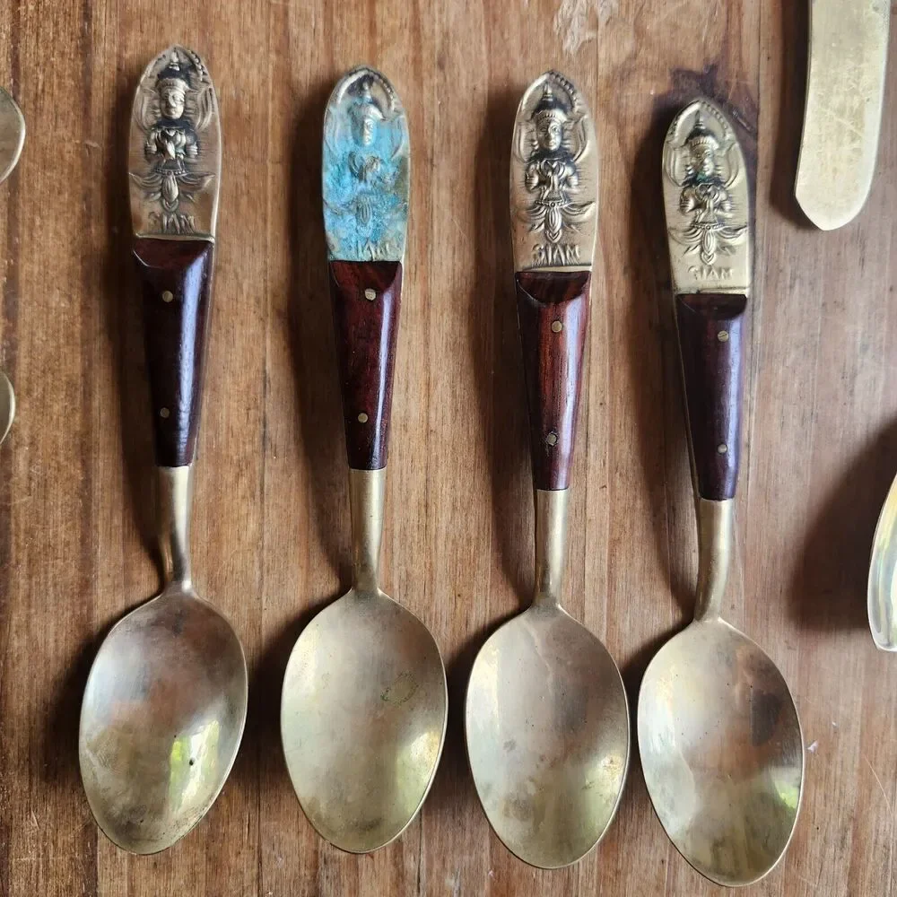 39 Pieces Beng Hwa Vintage Thai/Siam Flatware Set Teak Bronze Dessert Serving